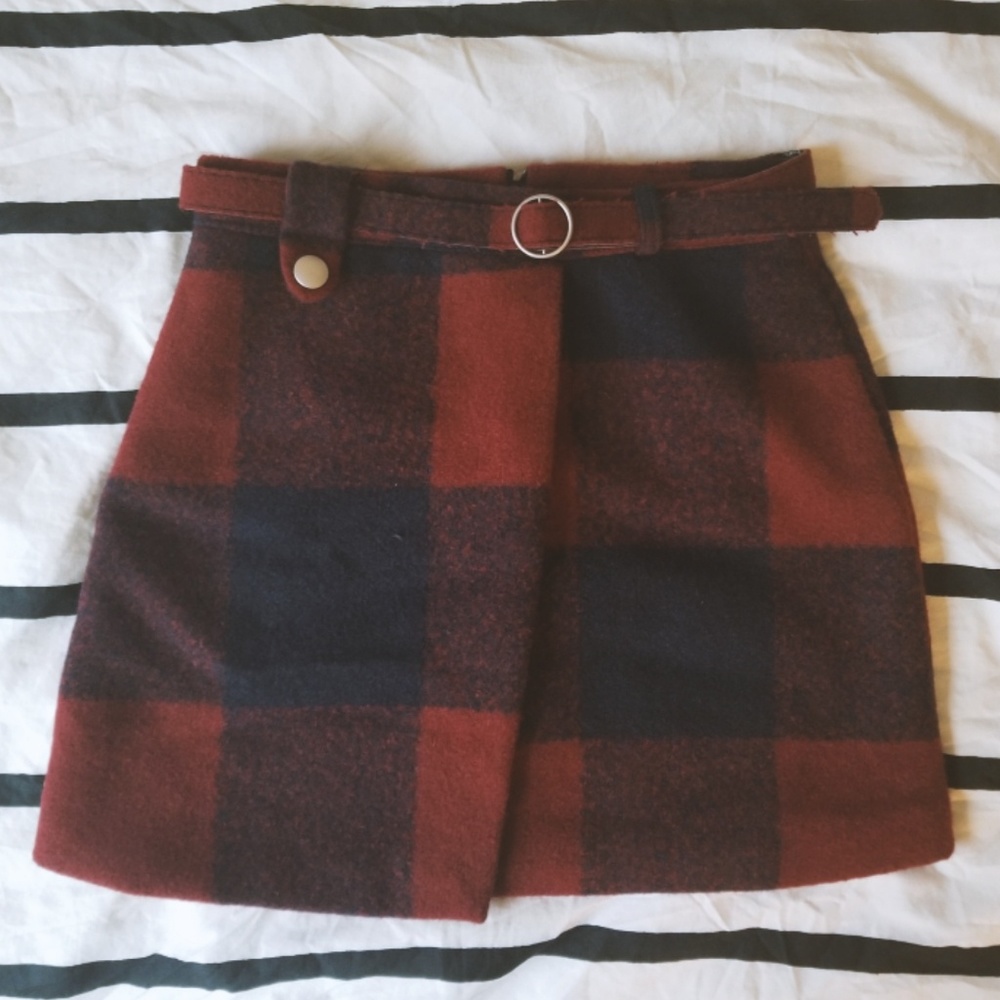 Plaid Wool Belted Mini Skirt